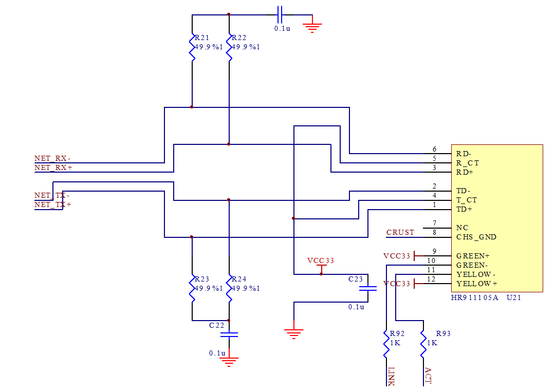 网络接口部分（RJ45集成网络变压器）